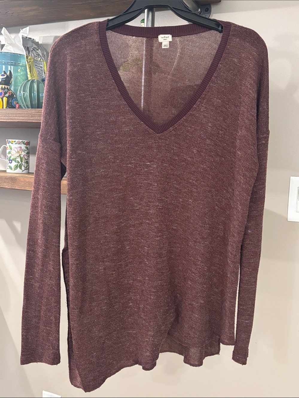 Aritzia Wilfred Sherbrooke V-Neck Asymmetrical Sweater | Maroon | Size S